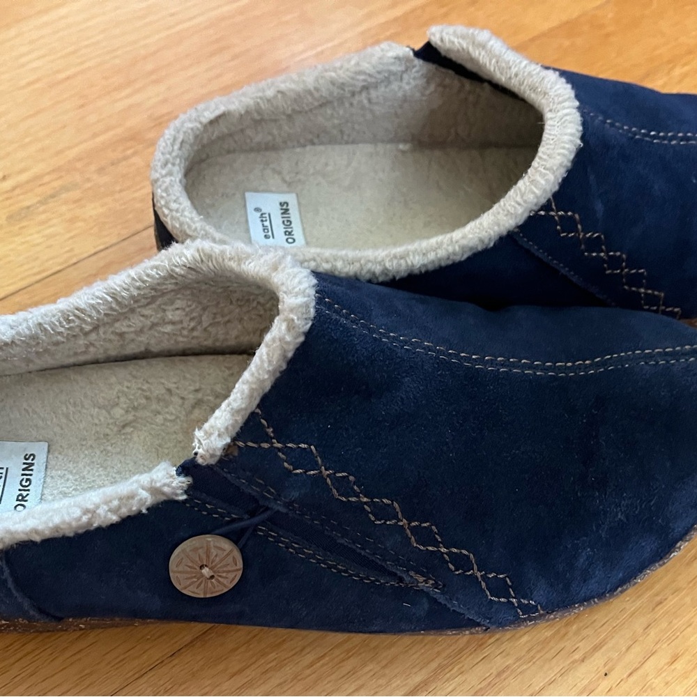 Earth Origins Navy Suede Slip-On Shoes with Button Detail
